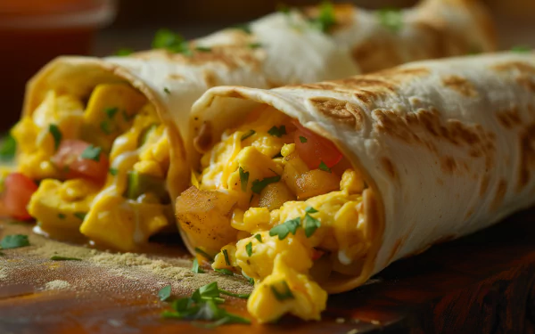 HD desktop wallpaper of a delicious breakfast burrito filled with scrambled eggs, herbs, and vegetables.