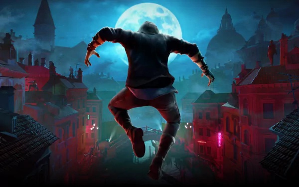 Vampire: The Masquerade - Justice themed HD desktop wallpaper featuring a mysterious figure leaping across a moonlit gothic cityscape background.