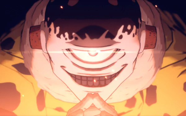 HD desktop wallpaper featuring Jogo from Jujutsu Kaisen Cursed Clash, showcasing his menacing grin and striking character design in vibrant colors.