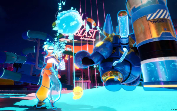 HD desktop wallpaper featuring a colorful scene from the video game Foamstars with vibrant neon aesthetics and a character in the foreground.