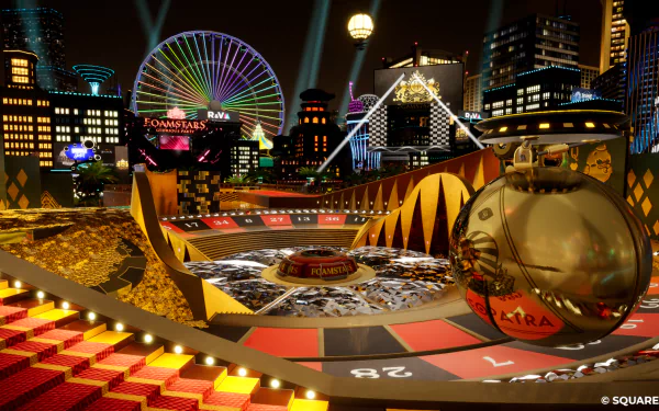 HD desktop wallpaper of Foamstars video game featuring vibrant night cityscape with colorful race track and shiny golden vehicles.