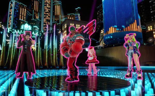 HD Wallpaper of Foamstars Video Game Characters with Neon City Background