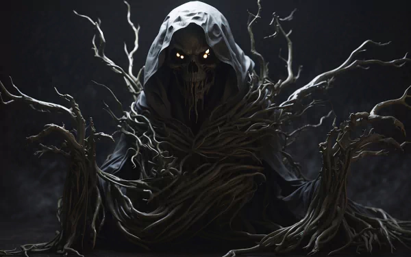 Dark, scary forest monster entity with glowing eyes and twisted branches, depicted in an HD PC desktop wallpaper and background.