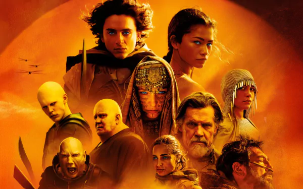 HD desktop wallpaper for Dune: Part Two featuring a montage of the main characters against a fiery backdrop.