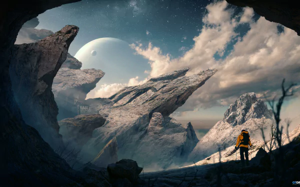 Digital art landscape of a rocky terrain with a distant planet and a lone figure in an orange jacket standing under a cloudy sky, rendered in 4K Ultra HD for PC desktop.