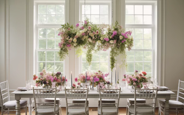 Elegant bridal shower setup with floral decorations in a bright room for HD desktop wallpaper and background.