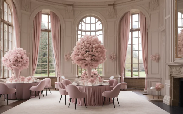 Elegant bridal shower setup with pink decor in a luxurious room with large windows, HD desktop wallpaper and background.
