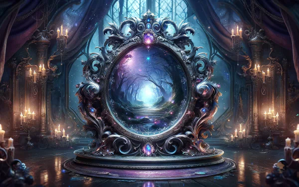 Ornate fantasy mirror with mystical glow in an enchanted candlelit room, HD wallpaper.