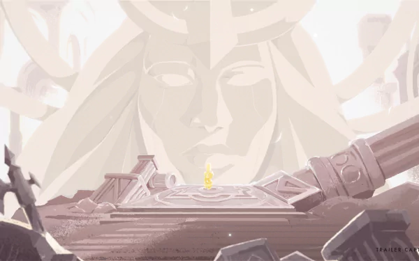 HD desktop wallpaper featuring an artwork from the video game Lysfanga: The Time Shift Warrior with a stylized warrior character standing in front of a monumental stone figure.