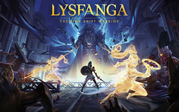 Lysfanga: The Time Shift Warrior video game HD desktop wallpaper featuring a dynamic battle scene with a hero in silhouette facing mystical creatures.