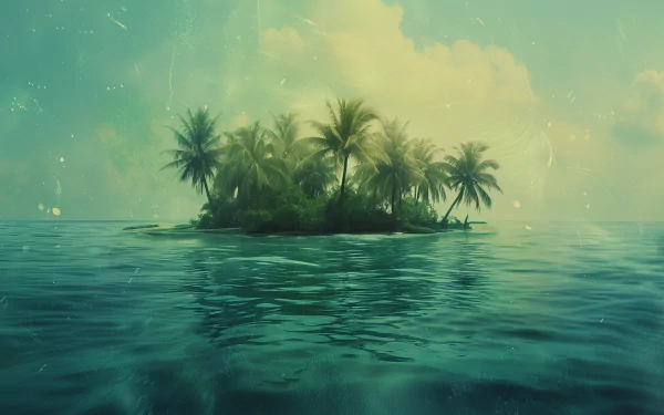 HD desktop wallpaper featuring a serene tropical island surrounded by calm blue waters, with lush palm trees and a dreamy sky, perfect for a tranquil background setting.