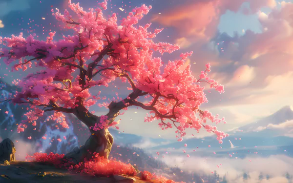 Sakura cherry blossom tree in full bloom against a serene mountainous backdrop, perfect as an HD desktop wallpaper and background.