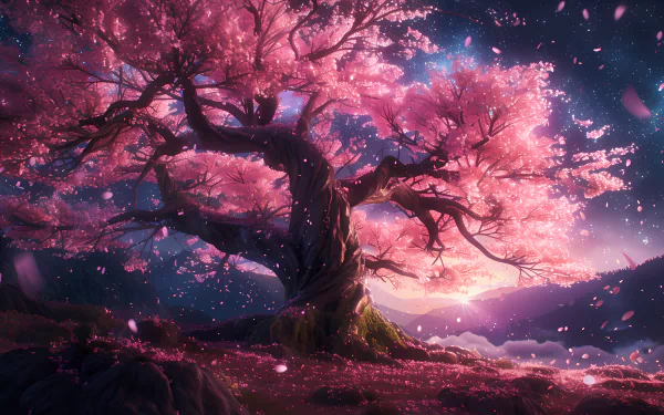 Stunning HD wallpaper of a sakura cherry blossom tree with vibrant pink foliage against a dramatic sunset sky, perfect for desktop background.