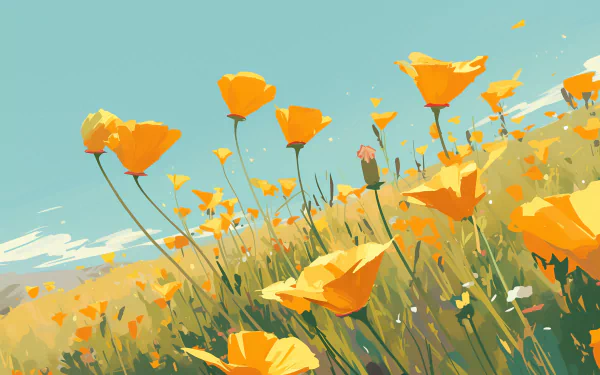 A vibrant field of California poppies in full bloom, with bright orange flowers swaying against a clear blue sky, making a stunning HD desktop wallpaper and background.