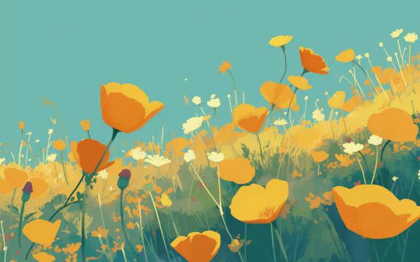 HD desktop wallpaper featuring a vibrant field of California poppies against a blue sky.