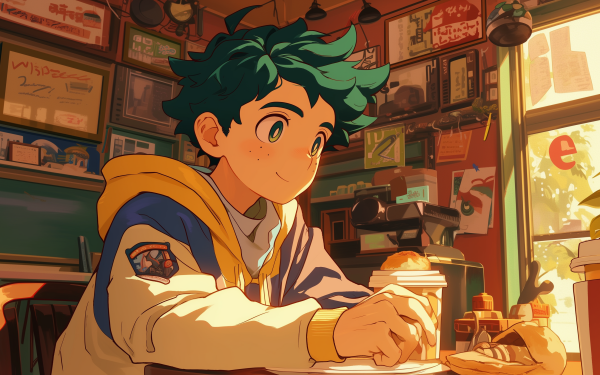 HD wallpaper of anime boy Izuku Midoriya from My Hero Academia, sitting in a cozy cafe setting for desktop backgrounds.