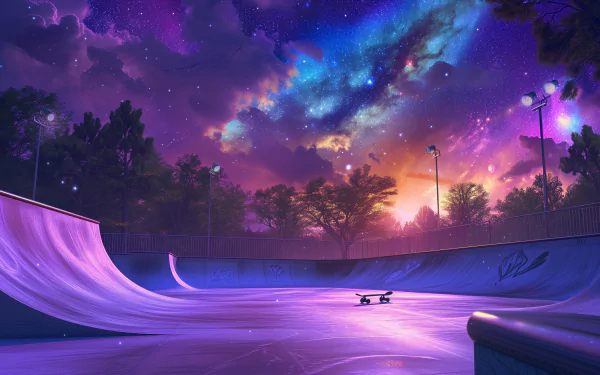 A vibrant skate park under a breathtaking night sky, featuring colorful cosmic elements and a sunset glow, makes for an enchanting HD desktop wallpaper.