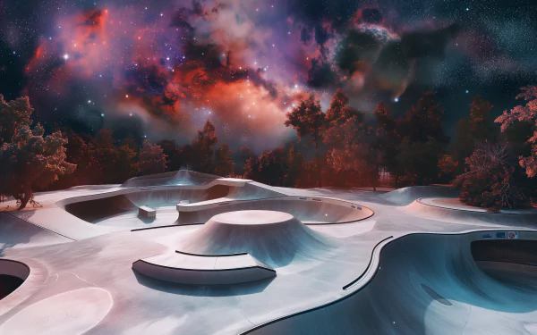 HD wallpaper of a cosmic-themed skate park with nebula-filled sky as a desktop background.