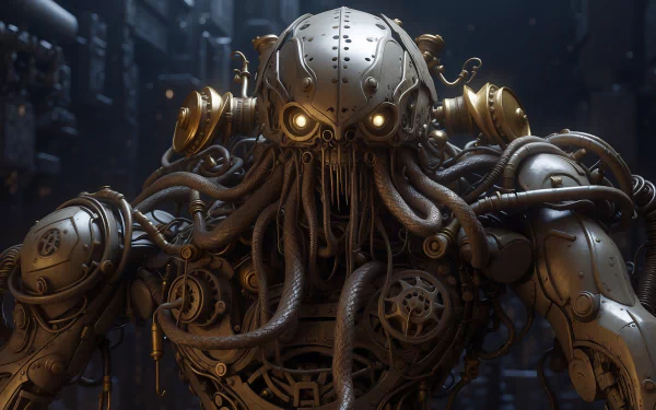Title: Dieselpunk Titan Octopus - HD Desktop Wallpaper showcasing a majestic creature with tentacles, embodying a mesmerizing blend of fantasy and industrial stylings.