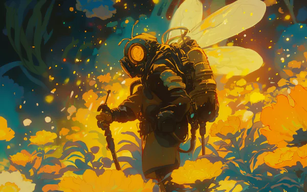 HD desktop wallpaper of a fantasy beekeeper amidst vibrant flowers, with glowing bees surrounding them.