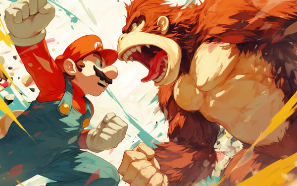 HD Wallpaper featuring Mario and Donkey Kong from Super Smash Bros. in dynamic battle pose, perfect for desktop background.