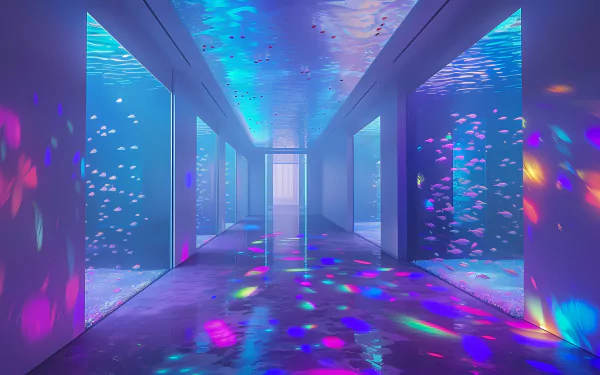 HD wallpaper featuring a vibrant corridor with aquarium walls teeming with marine life and colorful light reflections.