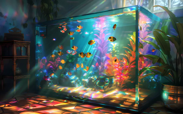 Colorful aquarium with tropical fish as HD desktop wallpaper and background in a sunlit room.