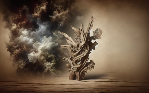 Intricate driftwood sculpture on a wooden surface with a dynamic cloud of smoke in the background, suitable as a high-definition desktop wallpaper.