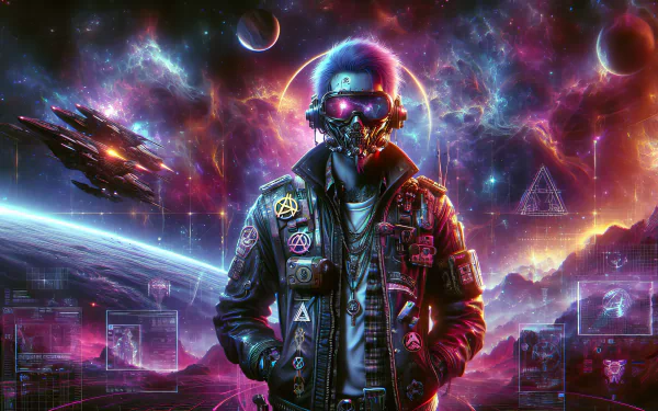 HD desktop wallpaper of a futuristic space pirate with cosmic background, featuring vibrant nebulas, planets, and spaceships.