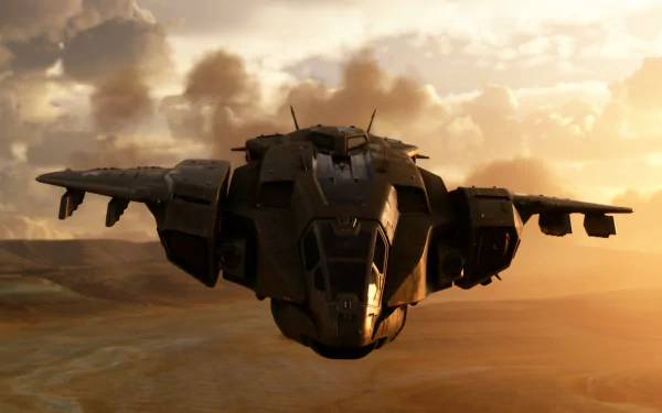 HD wallpaper of a futuristic aircraft flying over a desert from the video game Microsoft Flight Simulator.