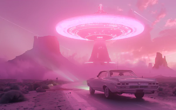 Pink aesthetic HD wallpaper featuring a classic car on a deserted road with a large sci-fi UFO hovering above in a misty, alien landscape.