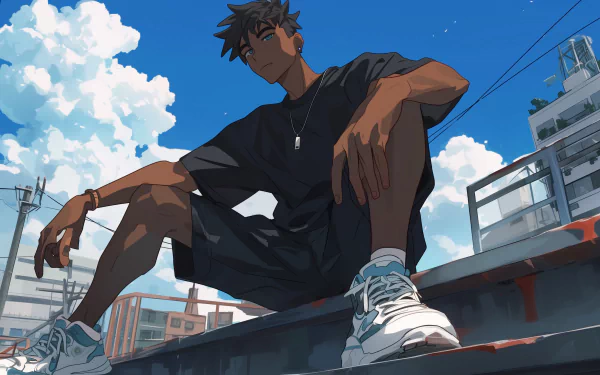 Cool anime boy with black hair sitting and posing against a cityscape backdrop, HD anime desktop wallpaper.