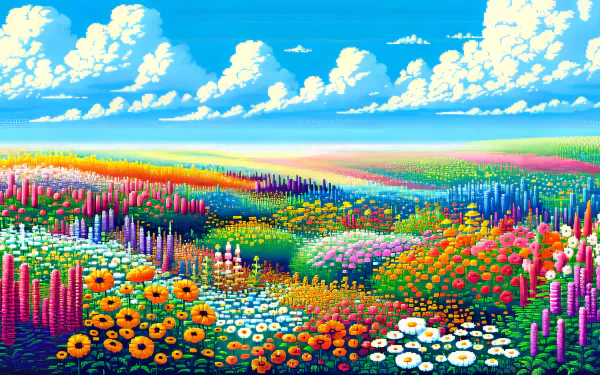 A vibrant field of flowers blooms under a bright blue sky adorned with fluffy clouds, creating a stunning HD desktop wallpaper that brings nature's beauty to your screen.
