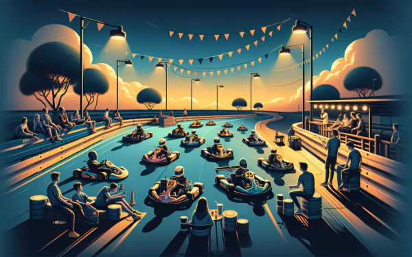 High-definition desktop wallpaper featuring an animated karting scene with racers on a track at dusk, bystanders, and festive decorations.