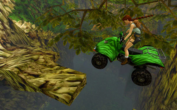 HD wallpaper featuring a scene from the remastered Tomb Raider video game with the main character riding a green quad bike jumping across a gap in a jungle environment.