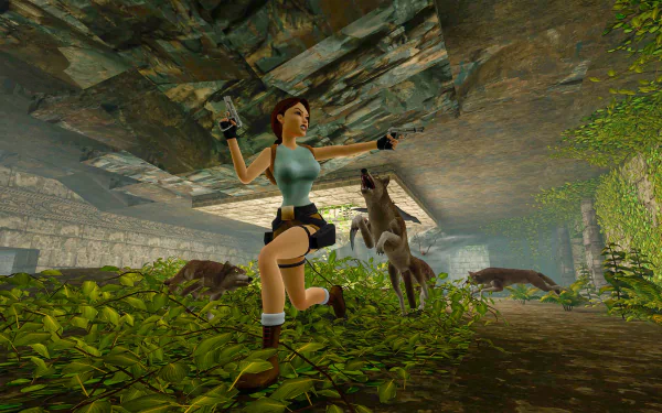 Lara Croft navigates a lush jungle environment, wielding her weapons as wolves approach. This dynamic scene is part of the HD background for Tomb Raider I-III Remastered.