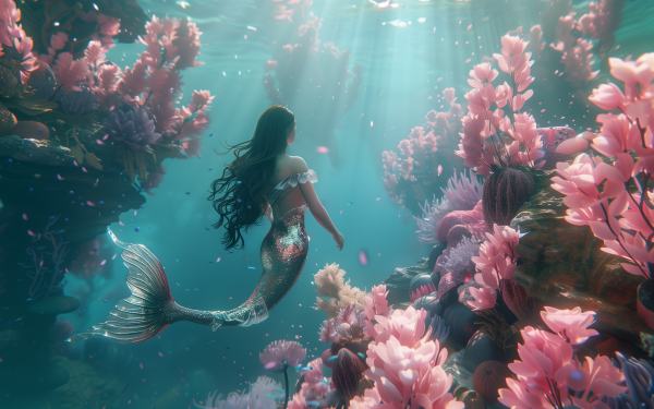 HD wallpaper of a mermaid swimming gracefully among pink coral reefs with sunbeams filtering through the water.