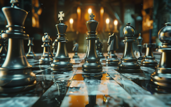 HD Wallpaper of a Chessboard Mid-Game with Focus on King and Queen Pieces in a Grand Hall Setting.