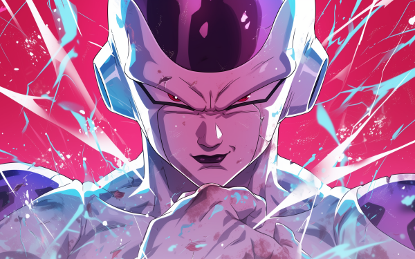 HD wallpaper featuring an intense illustration of Frieza from Dragon Ball with a dynamic, colorful energy background.