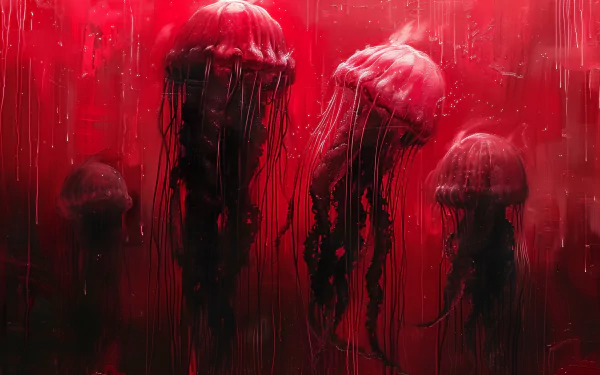 HD desktop wallpaper featuring a mesmerizing scene of red jellyfish floating with a deep red backdrop.