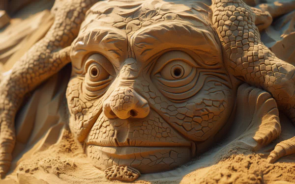 Intricate sand sculpture of a detailed character face serves as a stunning HD desktop wallpaper and background, tagged with sand art.