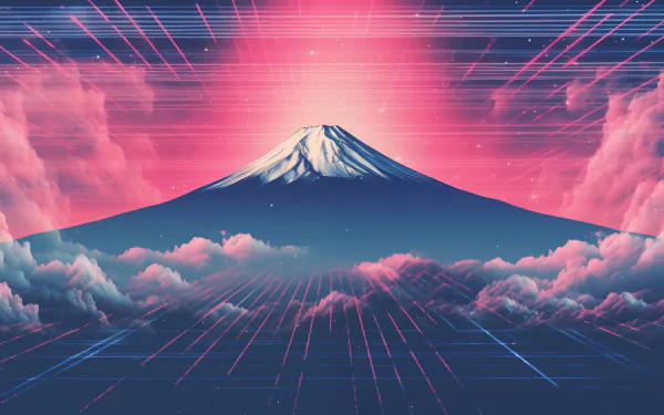HD wallpaper of Mount Fuji with vibrant pink and blue clouds and digital grid lines in the foreground.