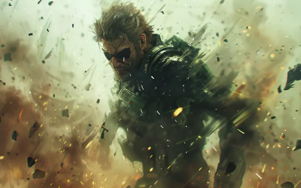 HD desktop wallpaper featuring dynamic Metal Gear fan art with an intense action theme, showcasing a determined character amidst a dramatic, explosive backdrop.
