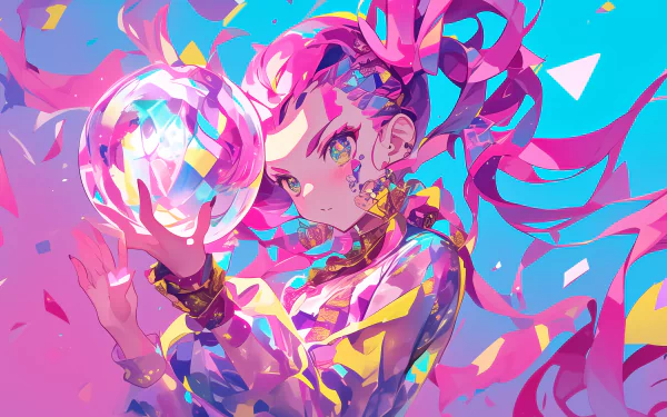 Vibrant anime girl with pink aesthetic holding a luminous orb, in an HD desktop wallpaper with dynamic, colorful background.