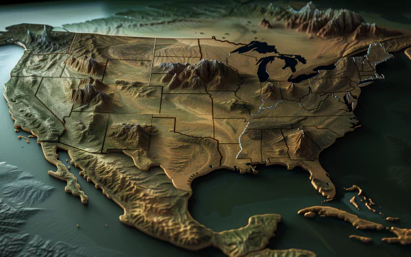 High-definition desktop wallpaper featuring a 3D topographic map of the United States with state borders and relief texture.