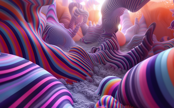 HD desktop wallpaper featuring an abstract, trippy landscape with vibrant, swirled patterns in a dream-like setting.