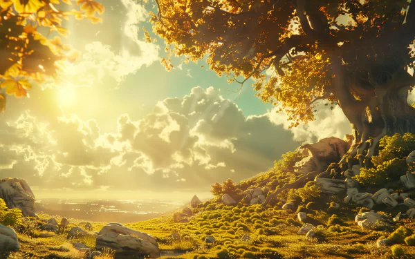 HD desktop wallpaper featuring a sunny landscape with a tree, green grass, and vibrant sunlight filtering through leaves.