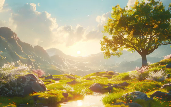 Sunny landscape HD wallpaper featuring a solitary tree, green meadows, and flowers, with mountains in the background under a warm, glowing sun.