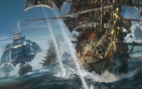 HD wallpaper of a pirate ship from the video game Skull and Bones, featuring intense naval battle on the high seas.
