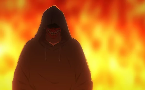 Anime character Ninja Kamui standing in front of a blazing fire, in a HD wallpaper for desktop background.